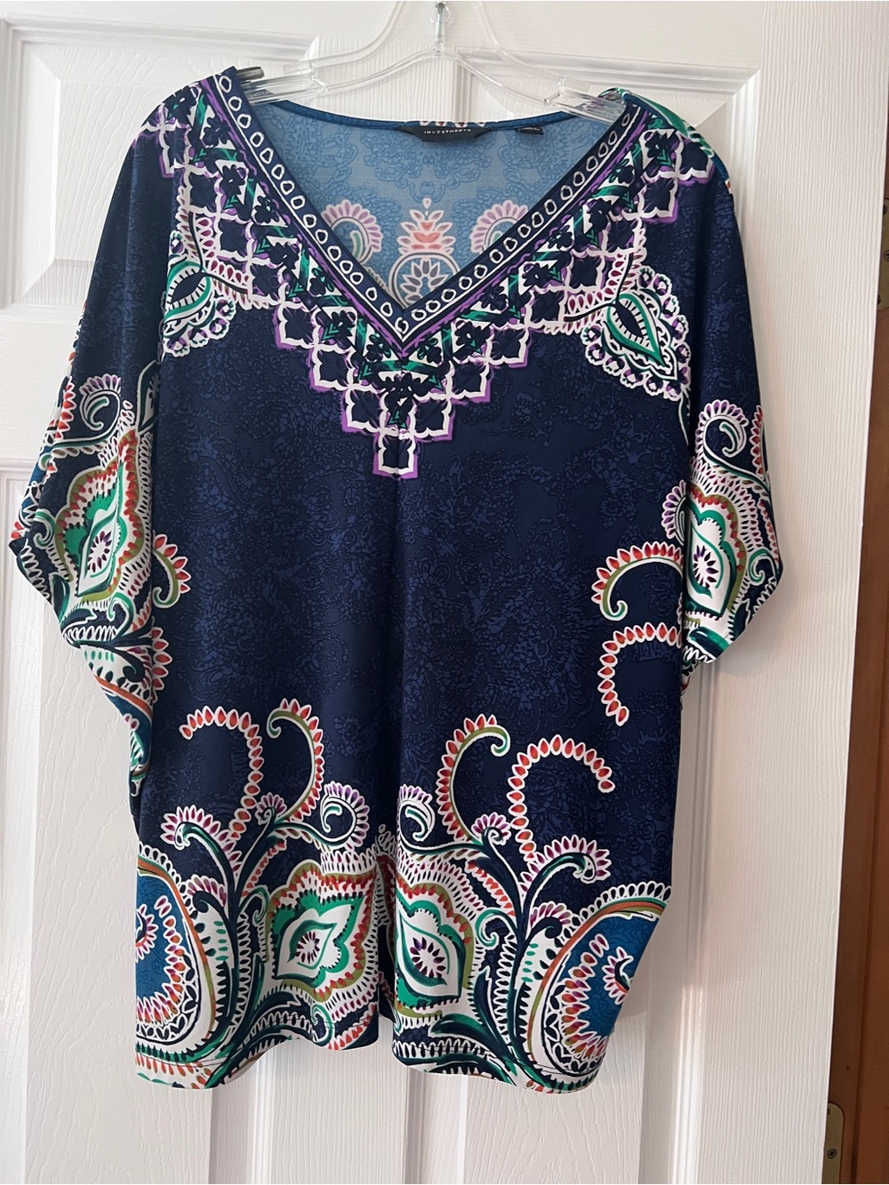 Investments Navy Blue Paisley V-Neck Blouse